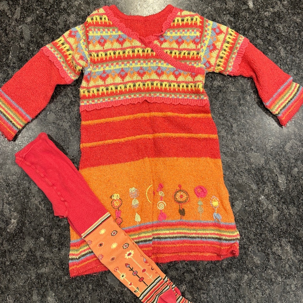 Deux Par Deux Dress with Matching Tights and Front/Back Design - Girls size 5